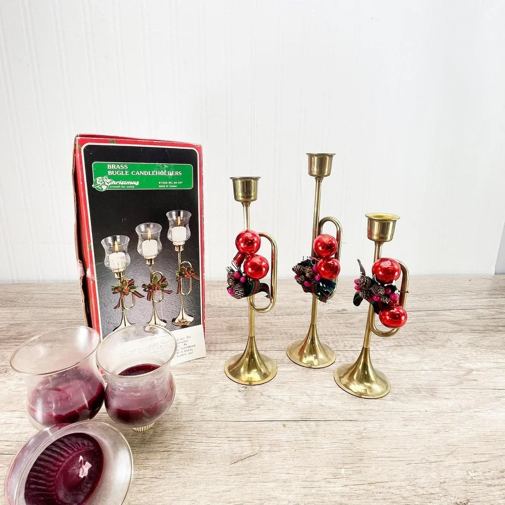 Vintage Brass Horn‎ Candlestick Set: MCM Holiday Votive Holders